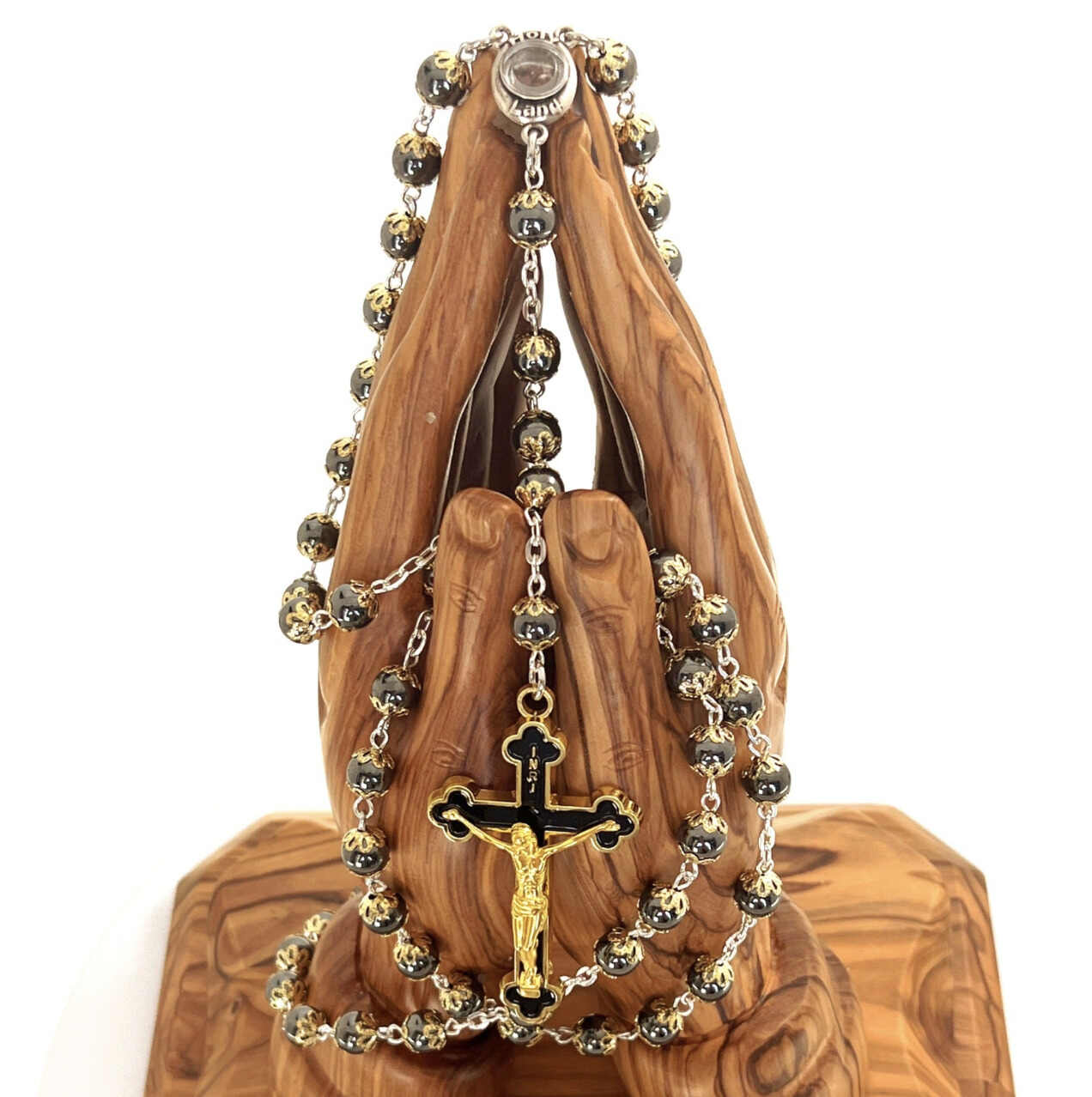 Rosary with Heavy Black Stones, Metal Chain and Gold Plated Corpus on Crucifix