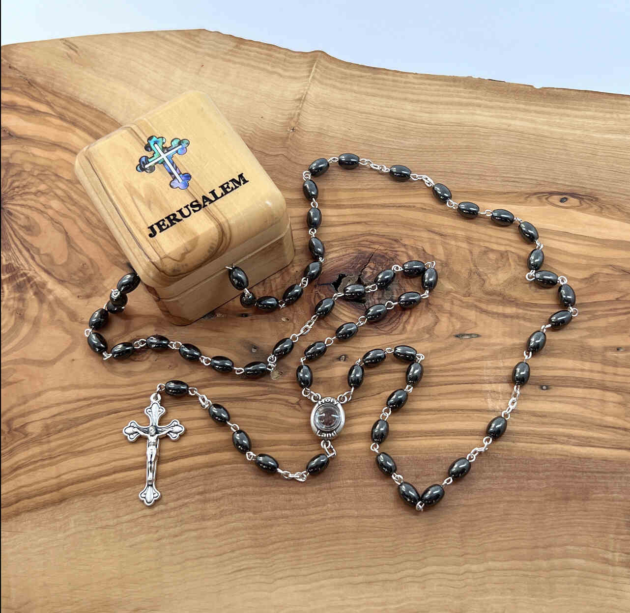 Rosary with Black Oval Stone Beads, Made in Bethlehem