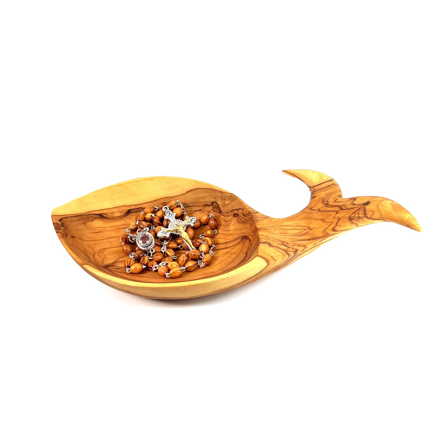 Rosary, Smooth Oval Beads, 16.5", Holy Land Olive Wood, Silver and Gold Plated Crucifix