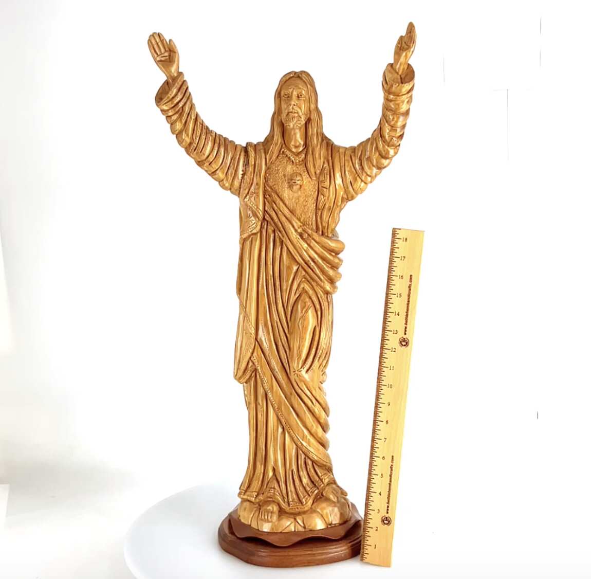 Jesus Christ "Sacred Heart" with Raised Arms Statue, 32.4" Olive Wood Carving from Holy Land
