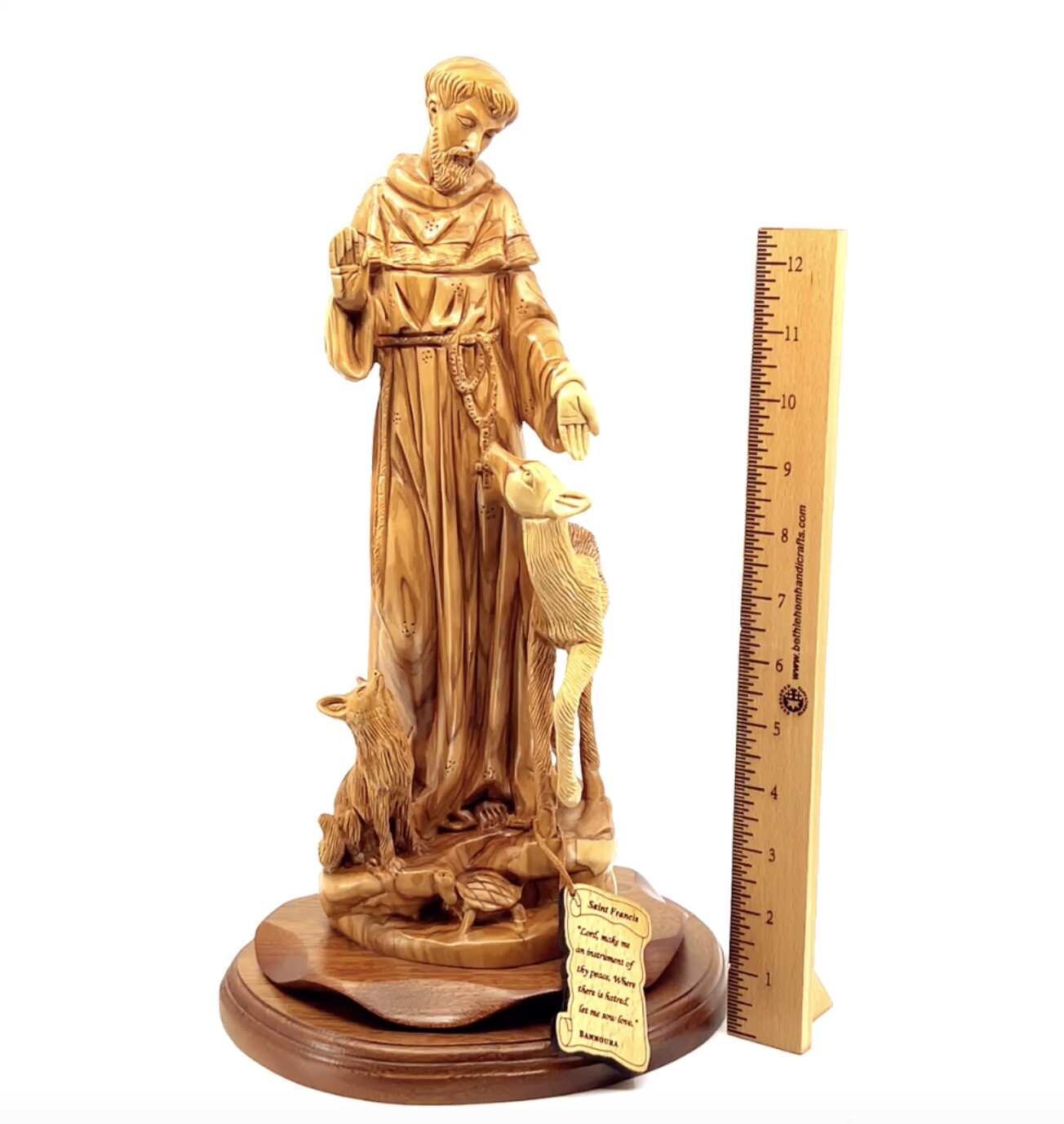 St. Frances Assisi with Deer Masterpiece, 15.4" Wood Carving from Holy Land Olive Wood