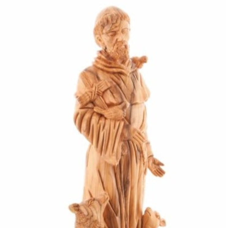 Saint Francis of Assisi Holding Large Cross , Patron of Animals Statue, 19 Inch Tall Masterpiece, Hand Carved Sculpture with Unique Grain , Fox , Deer, Bird on Shoulder