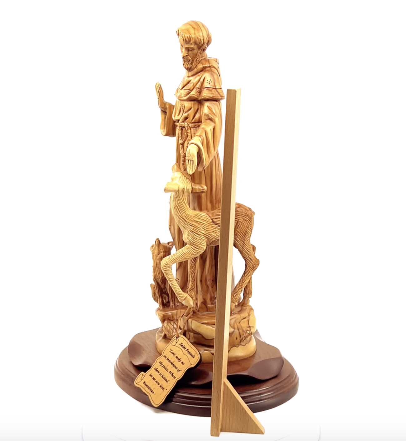 St. Frances Assisi with Deer Masterpiece, 15.4" Wood Carving from Holy Land Olive Wood