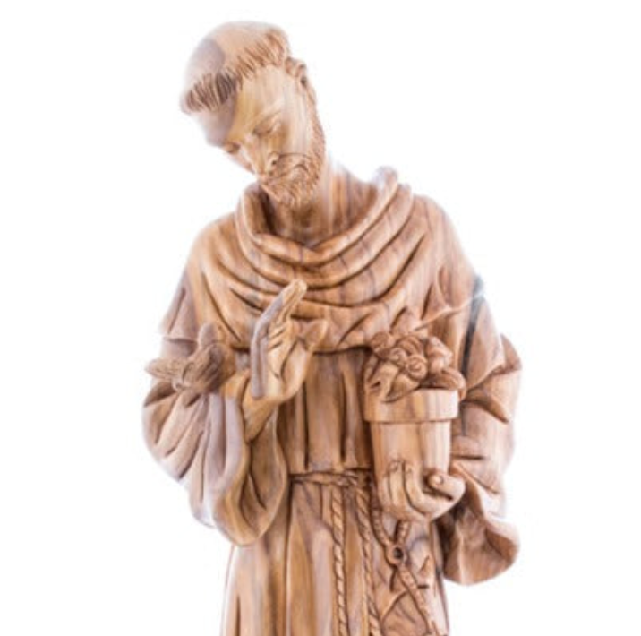 St Francis of Assisi Holding Flower Pot, Carved Masterpiece Sculpture Hand Carved by Christian Artisans from Olive Wood Grown in the Holy Land.