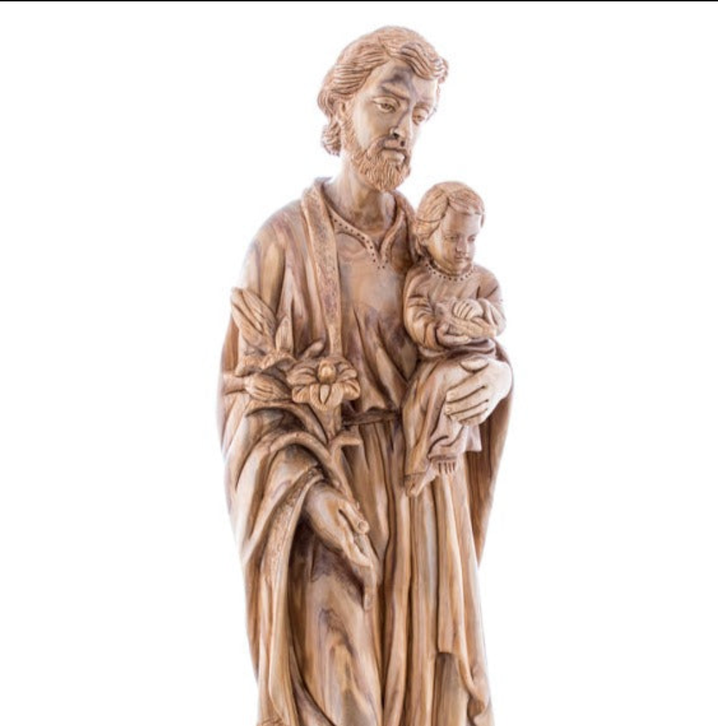 Saint Joesph Holding the Holy Child Jesus Christ and Lily Flower Carved Statue from Olive Wood with Natural Grain