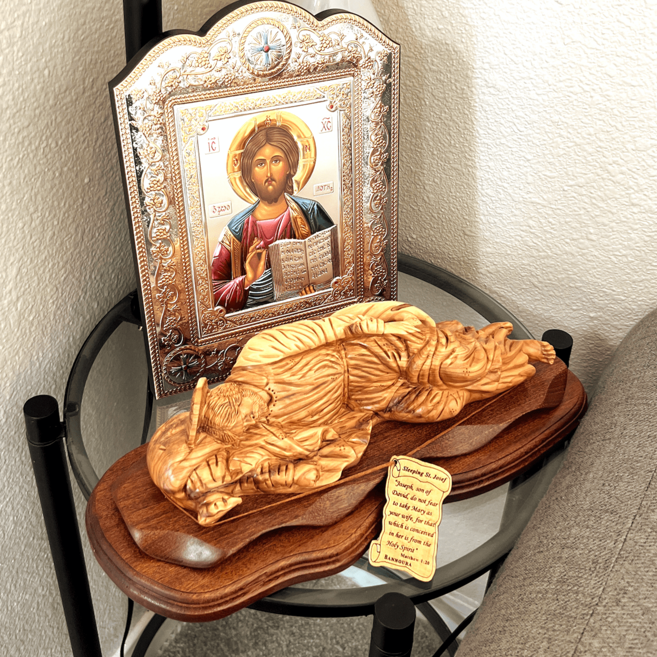 Saint Joesph Sleeping Wooden Carving, Olive Wood from the Holy Land on Mahogany Base, Masterpiece Christian and Biblical Inspired Sculpture