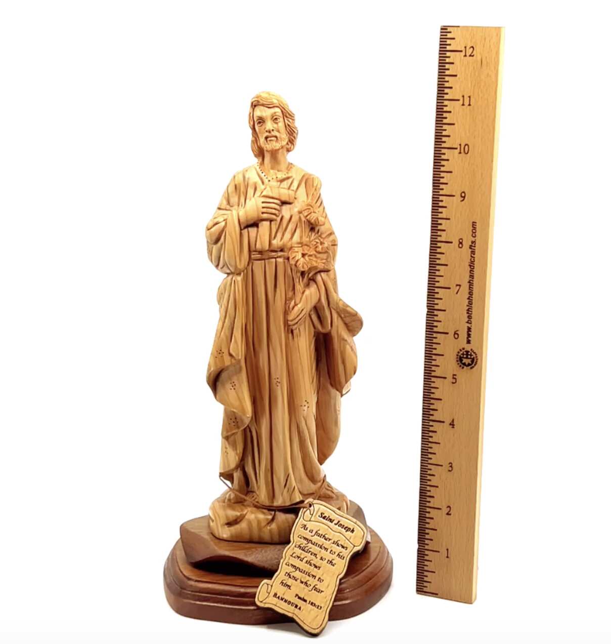 St. Joseph Holding Lily Flower, 11.2" Olive Wood Carved Statue