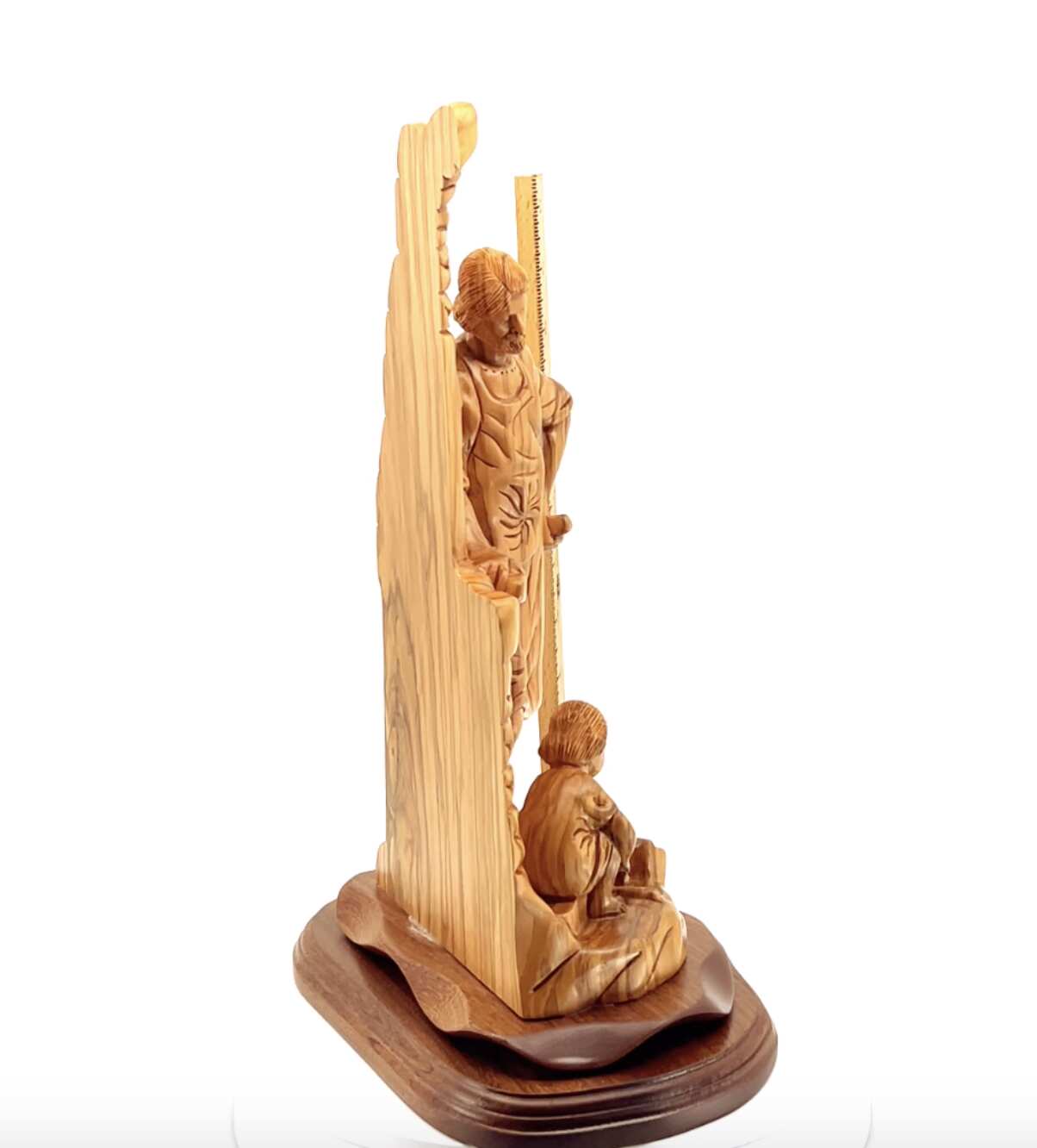 St. Joseph "The Carpenter with Jesus Playing" Sculpture, 14.2" Holy Land Olive Wood Carving