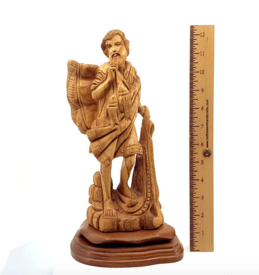 St. Peter Carved Wooden Statue 12.5", Sculpture from Holy Land Olive