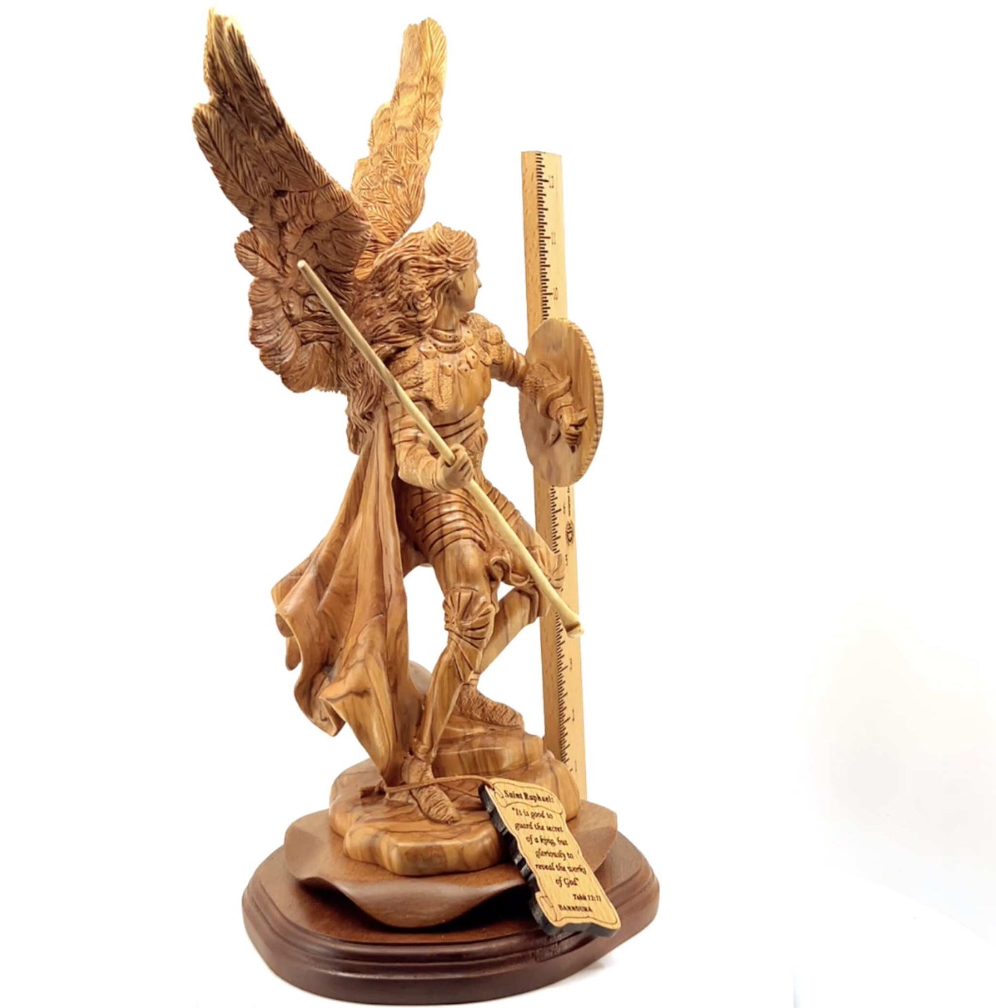 Archangel Raphael Masterpiece, 15" Wooden Sculpture from Holy Land