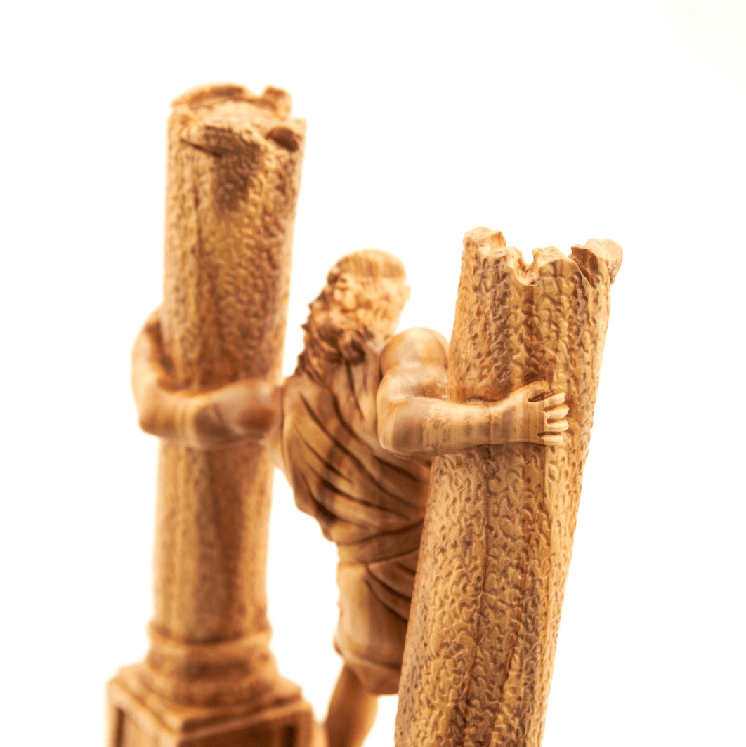 Samson Destroying Two Pillars of the Temple Wooden Carving, Hand Carved from Olive Wood with Mahogany Base, Masterpiece Sculpture from the Holy Land, Christian Home Art Decor