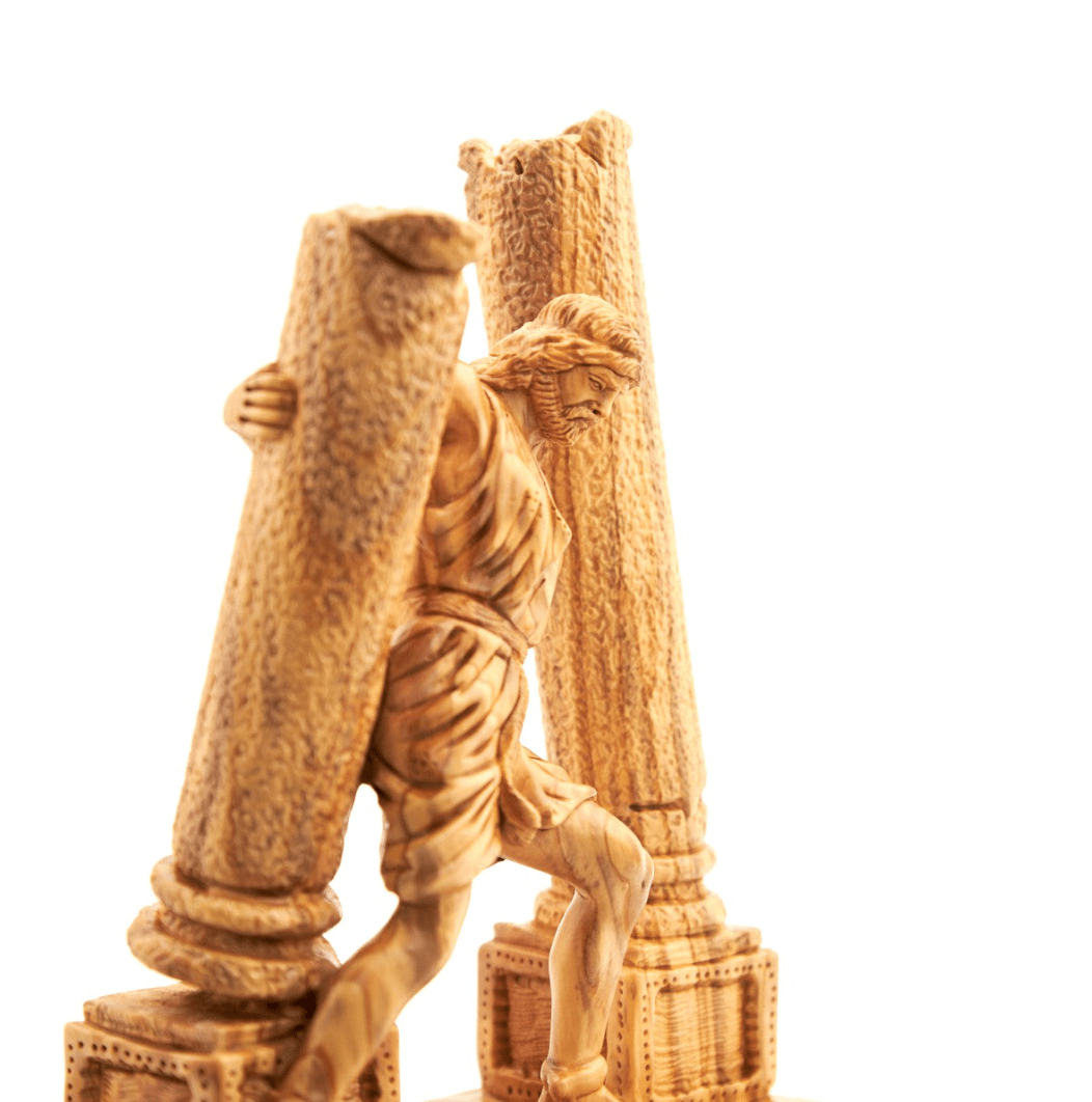 Hand Made Image of Samson Destroying Two Pillars of the Temple from the Bible, Wooden Carving, Hand Carved from Olive Wood with Mahogany Base, Masterpiece Sculpture from the Holy Land