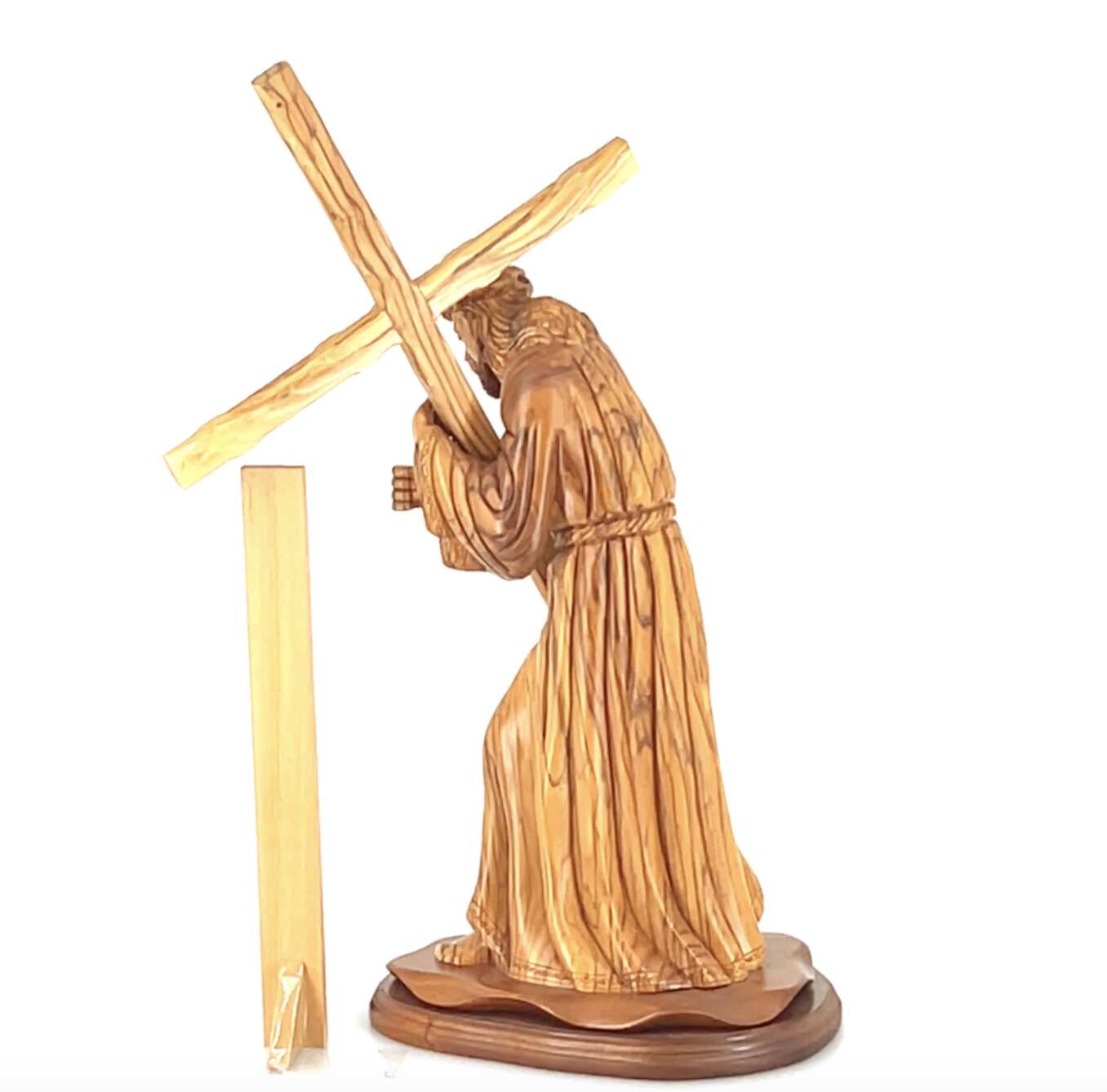 Jesus Christ "Holding Cross" Wooden Sculpture 16.9"