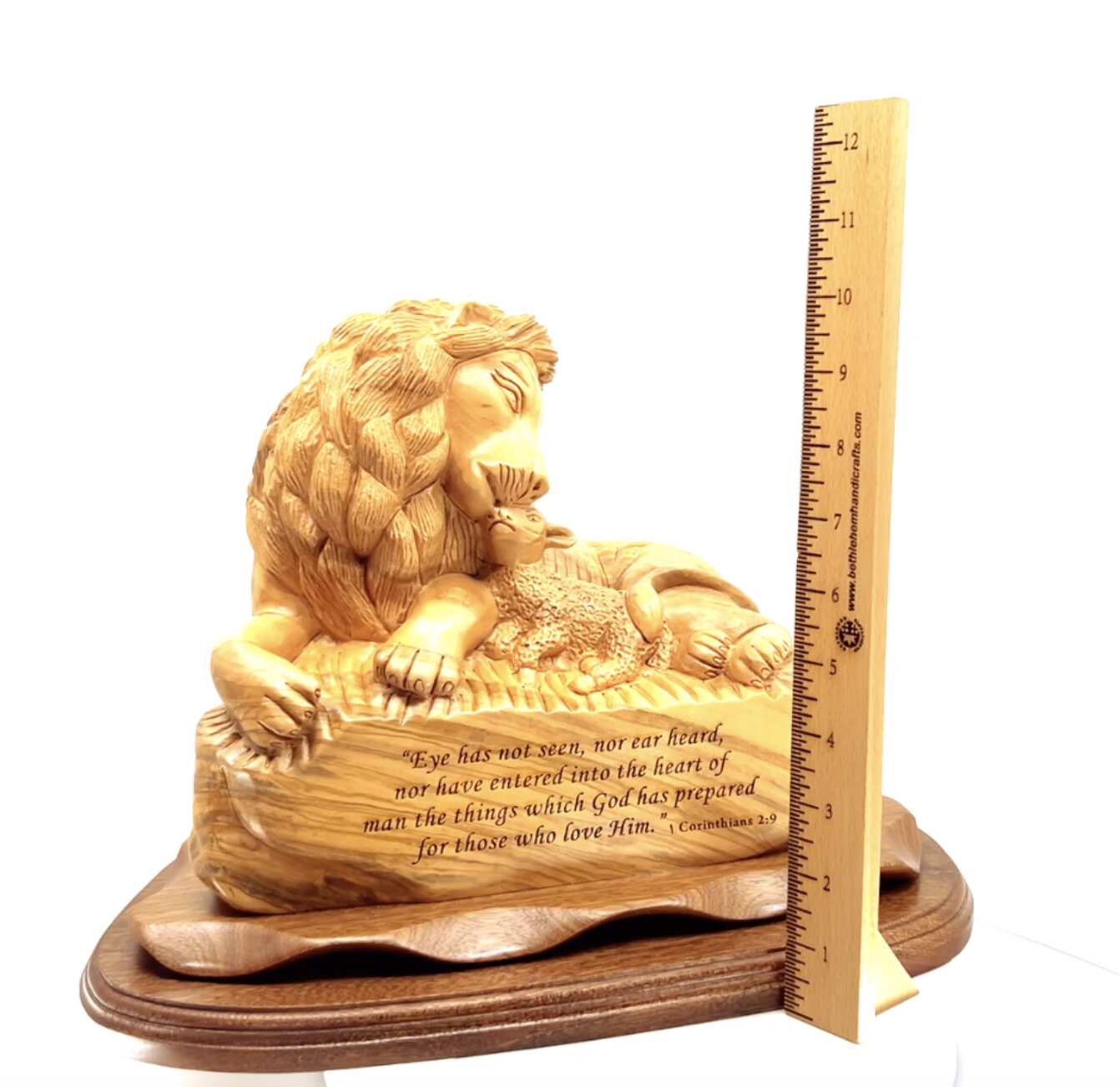 Lion with Lamb and Scripture of Corinthians, 13.8" Masterpiece Wooden Christian Carving