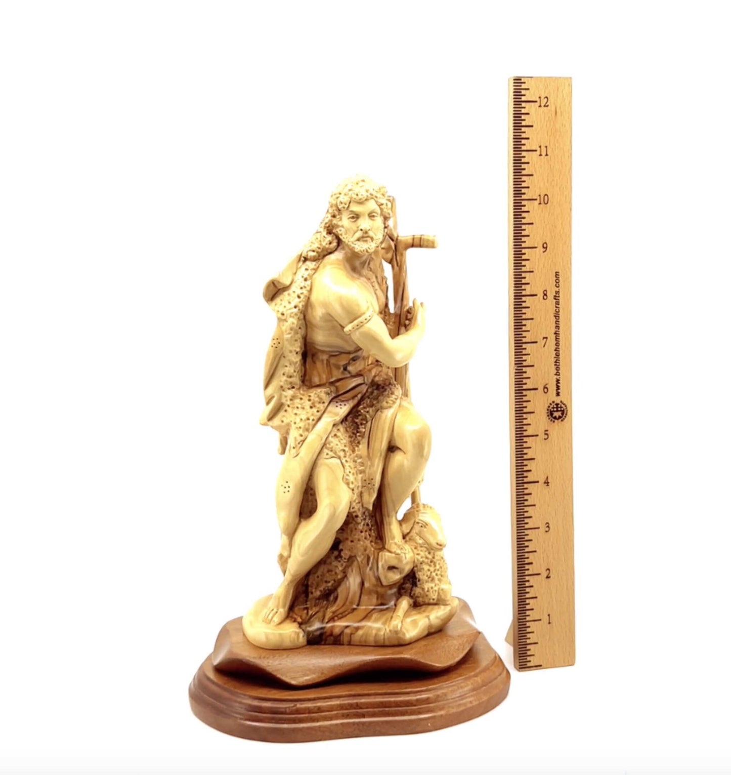 Saint John the Baptist Statue, 11" Carved Olive Wood from Holy Land