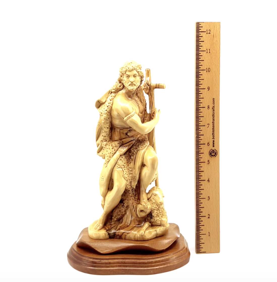 Saint John the Baptist Statue, 11" Carved Olive Wood from Holy Land