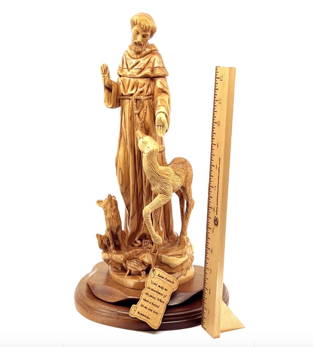 St. Frances Assisi with Deer Masterpiece, 15.4" Wood Carving from Holy Land Olive Wood