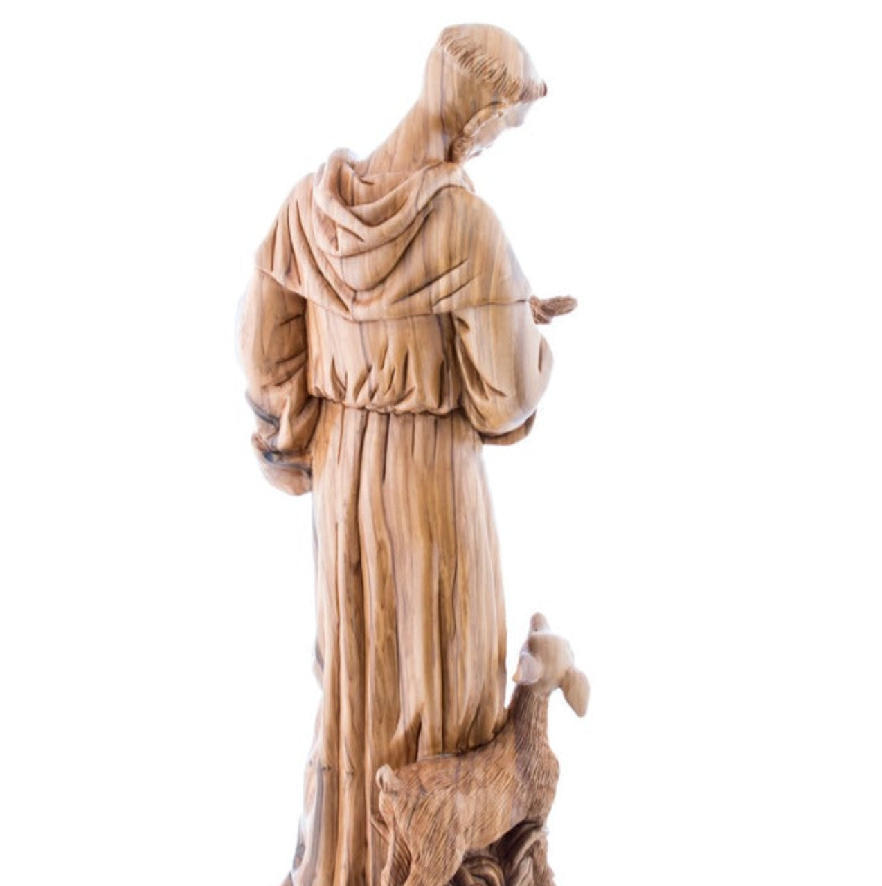 Wooden Statue of Saint Francis of Assisi Standing next Deer Tall Sculpture Hand Made Carving Figurine for Church