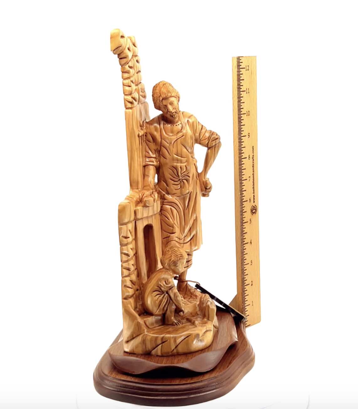 St. Joseph "The Carpenter with Jesus Playing" Sculpture, 14.2" Holy Land Olive Wood Carving