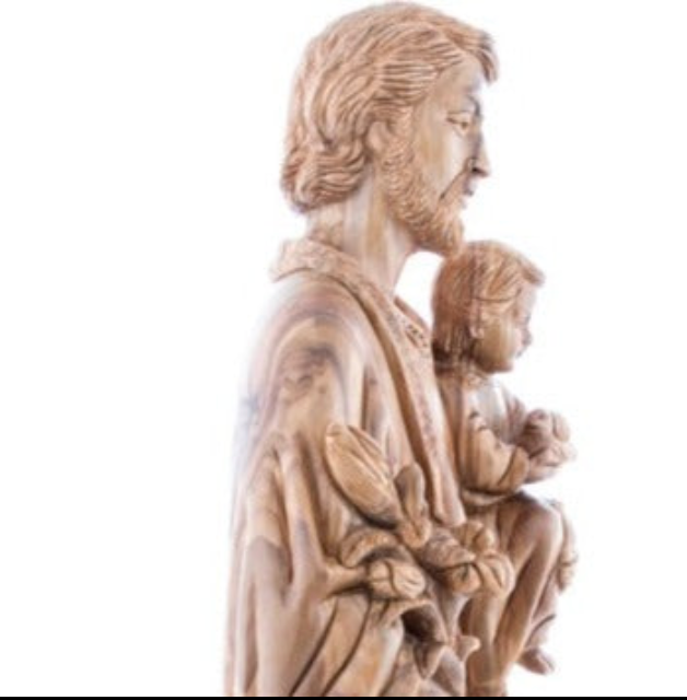 St Joesph with Baby Jesus Christ and Lily Realistic Carving, with Natural Wooden Grain