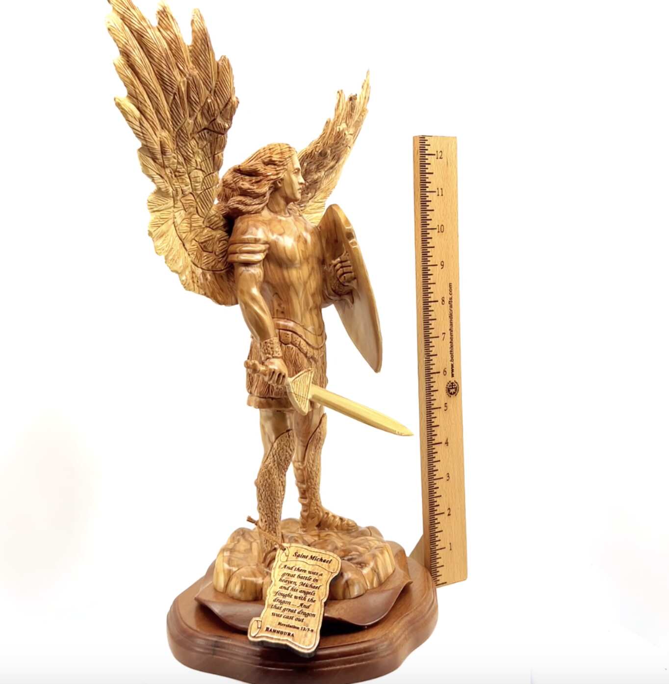 Archangel Micheal Statue 15", Carved from Holy Land Olive Wood