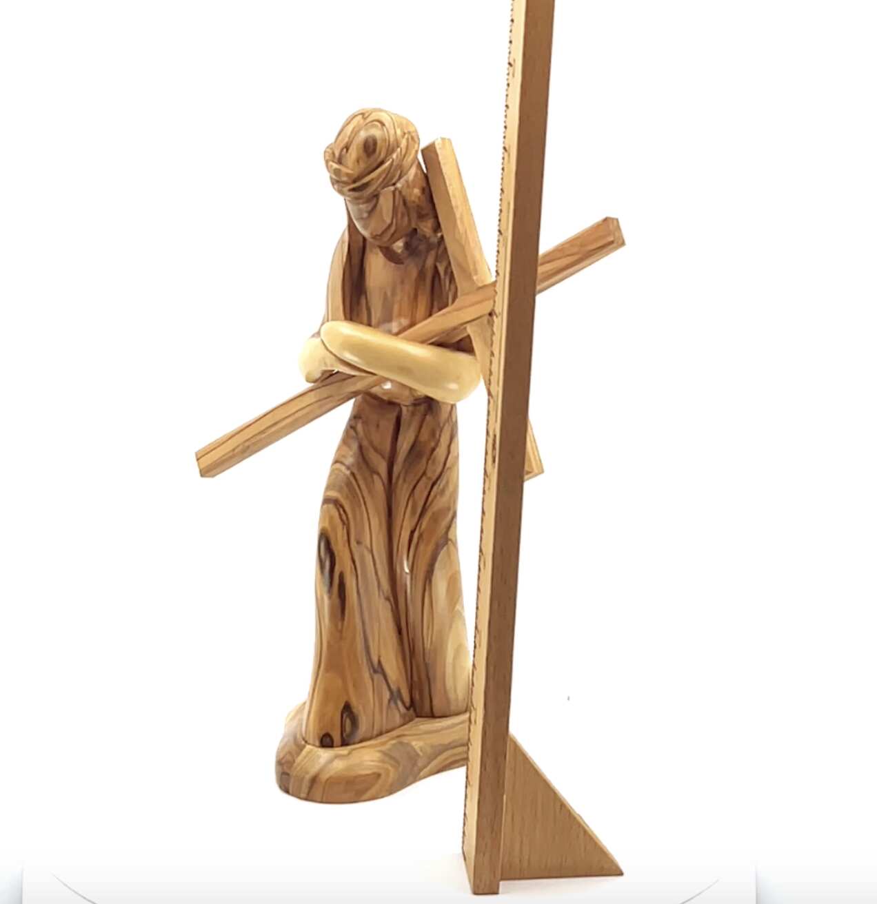 Jesus Christ "Holding Cross", 9.1" Carving in Olive Wood from Holy Land