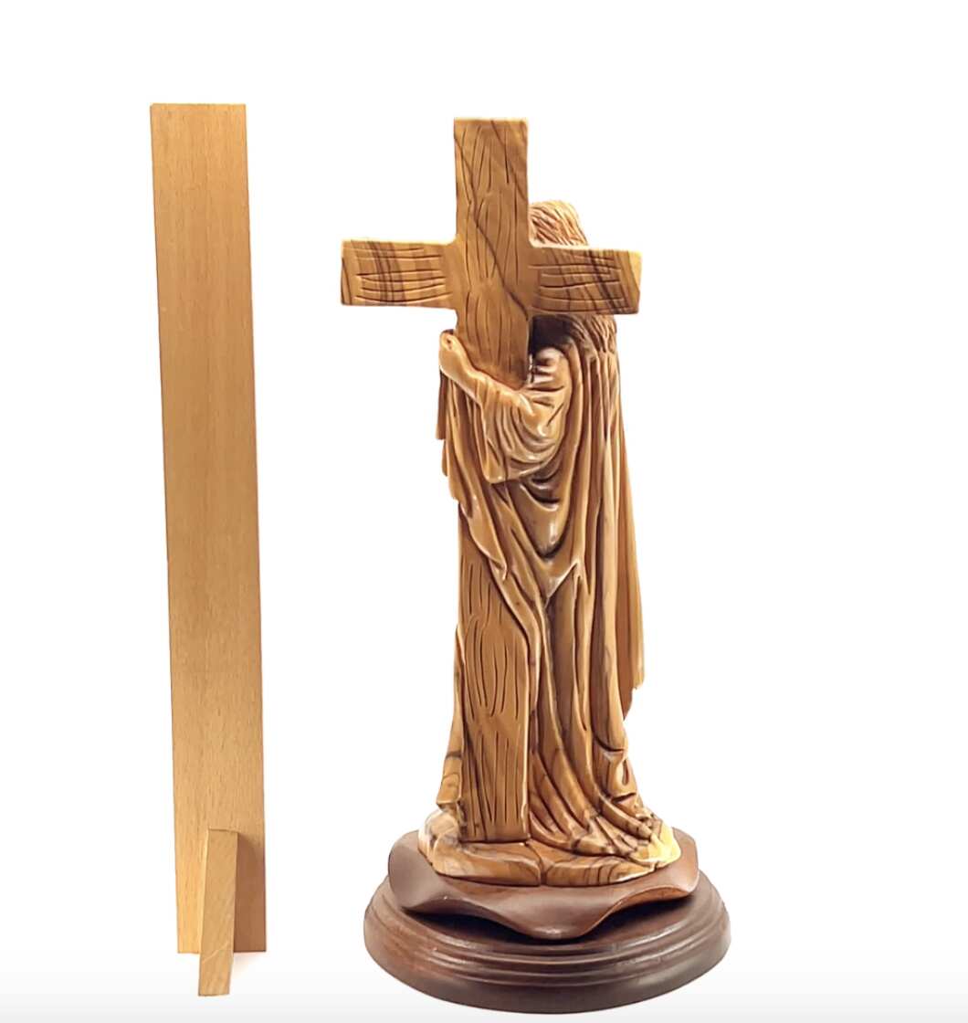 Jesus Christ "Holding Cross" Sculpture, 12.6" Holy Land Olive Wood Carving