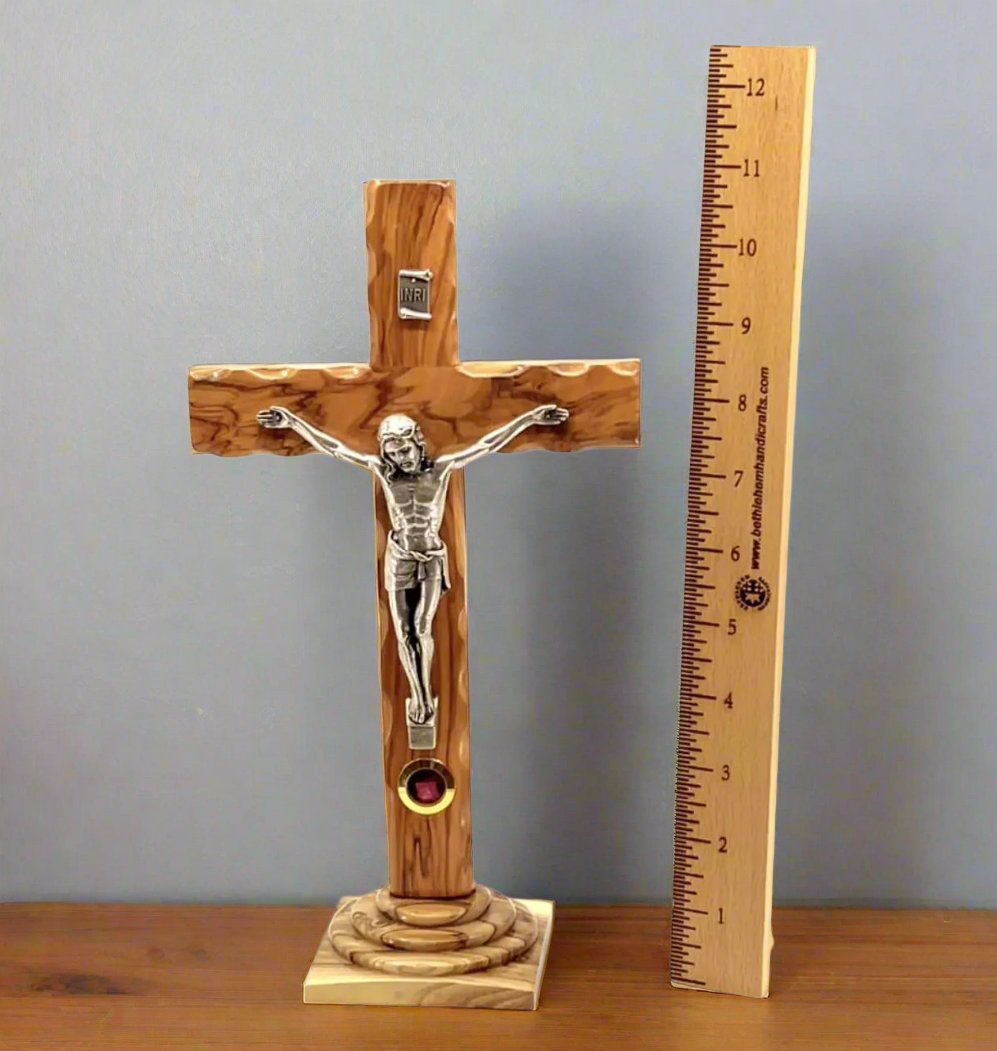 Standing Crucifix, 11", 14 Stations Engraved, Holy Land Olive Wood