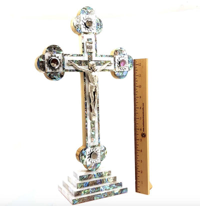 15.5" Crucifix Standing with 2.5" Base, Mother of Pearl and Olive Wood, 4 Souvenirs from Holy Land