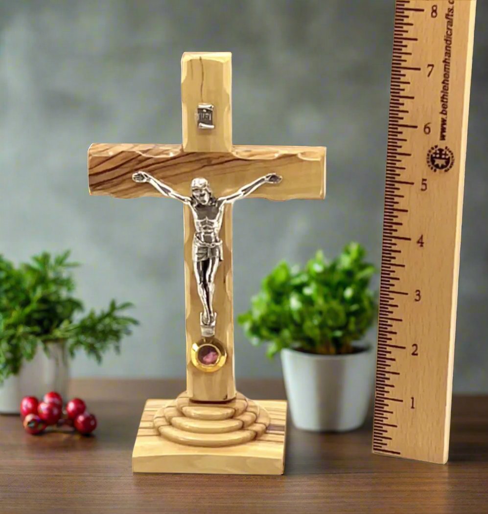 Standing Crucifix, 7.3", Holy Land Olive Wood with Soil in Glass Capsule