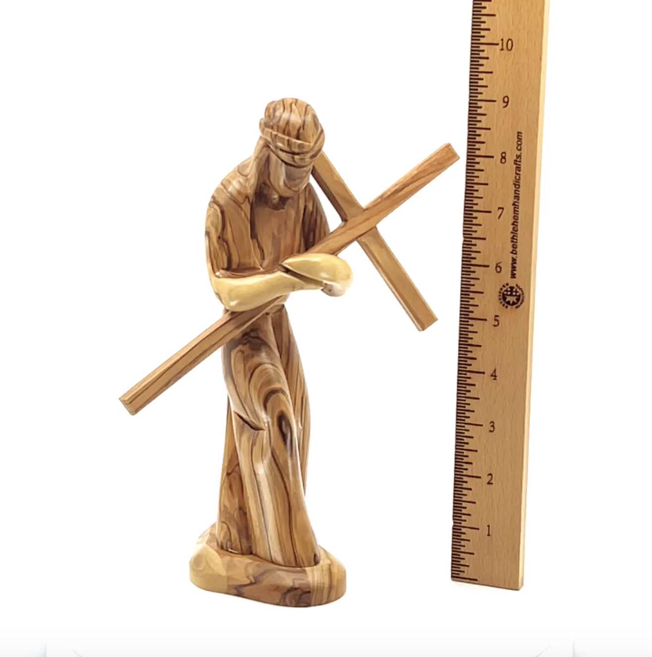 Jesus Christ "Holding Cross", 9.1" Carving in Olive Wood from Holy Land