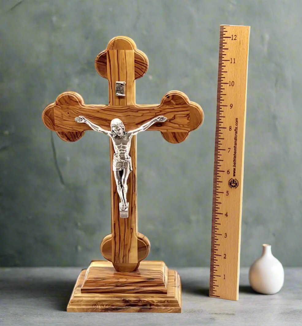 12" Standing Roman Budded Crucifix Wooden Cross , Handmade from Holy Land Olive (Large)