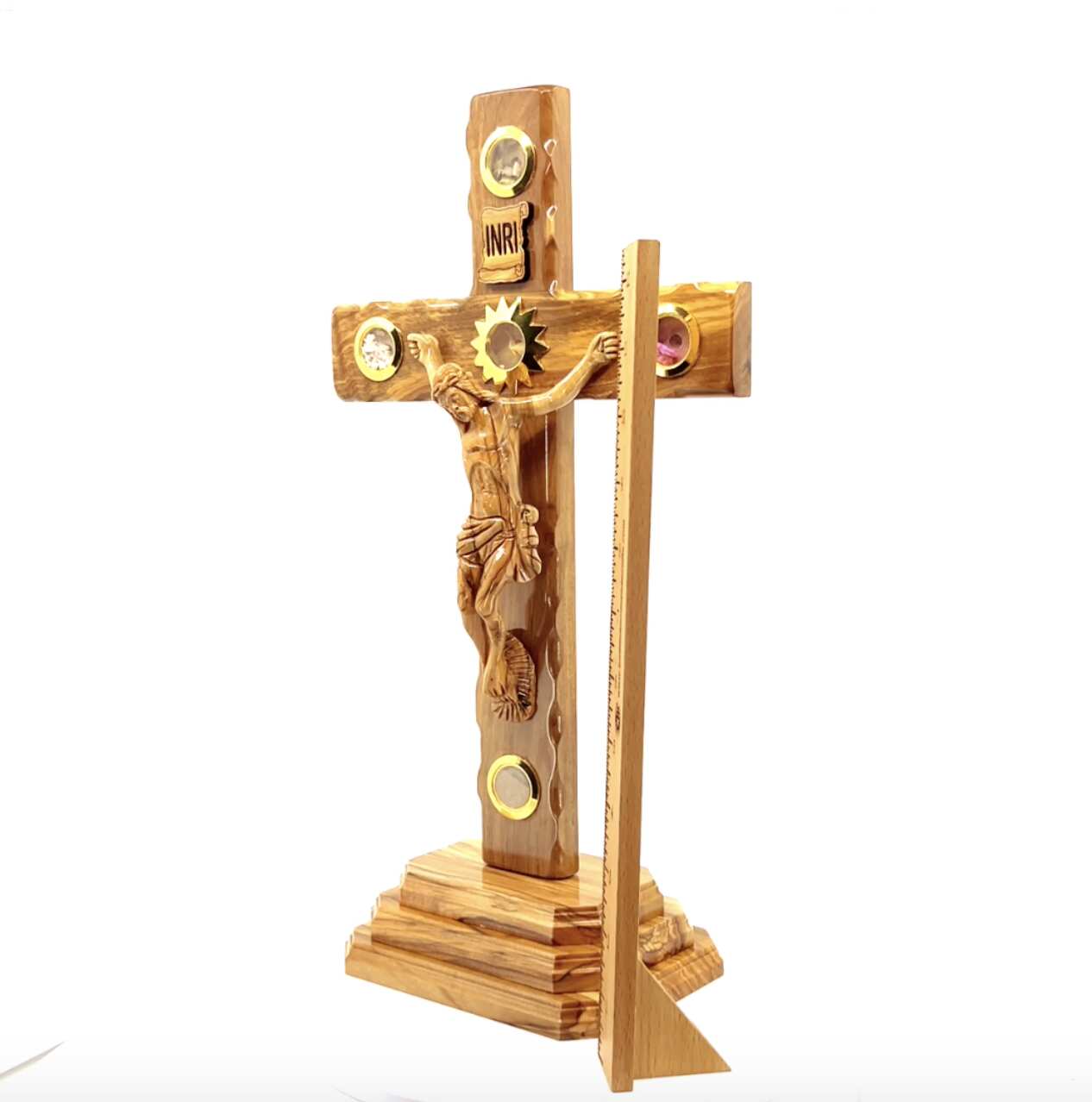 13.8" Standing Crucifix with 2.5" Base , Wooden Hand Made with  5 souvenirs from Holy Land