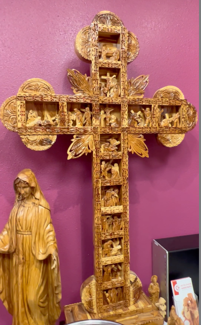 Masterpiece Standing Cross, 14 Stations of Cross Carved in Holy Land Olive Wood \
