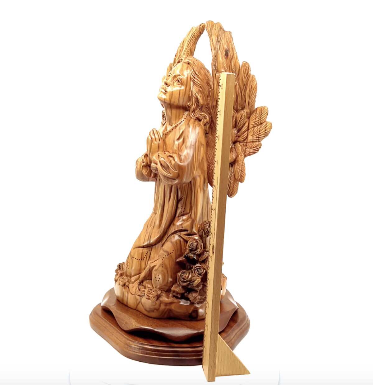 Angel with Wings Praying, 14.5" Carved Statue from Holy Land Olive Wood