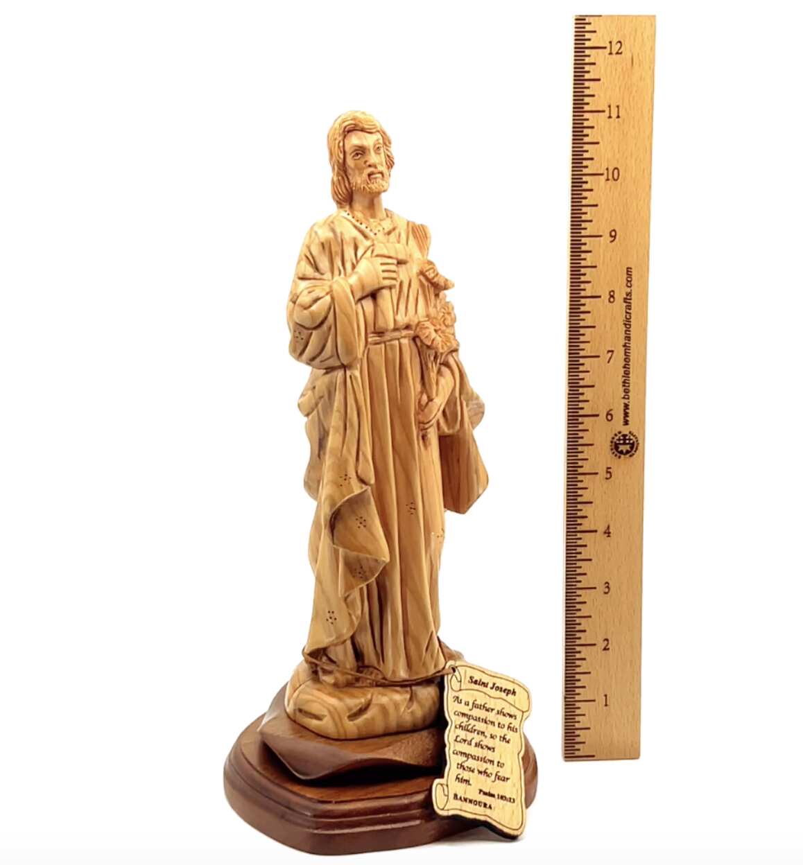 St. Joseph Holding Lily Flower, 11.2" Olive Wood Carved Statue