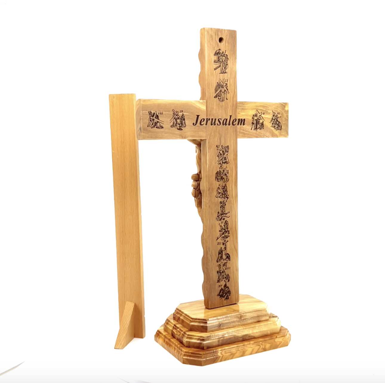 13.8" Standing Crucifix with 2.5" Base , Wooden Hand Made with  5 souvenirs from Holy Land