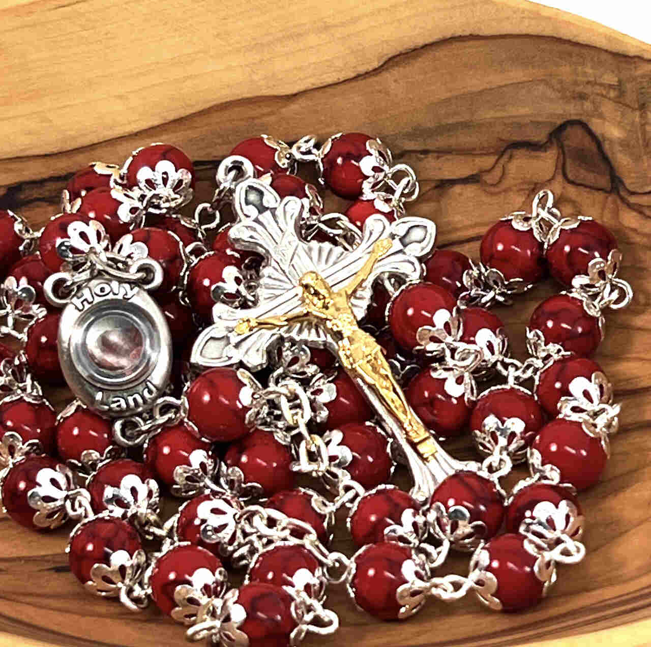 Rosary with Red Stone Beads, Metal Chain and 2" Crucifix, Made with Holy Land Coral Stone Beads