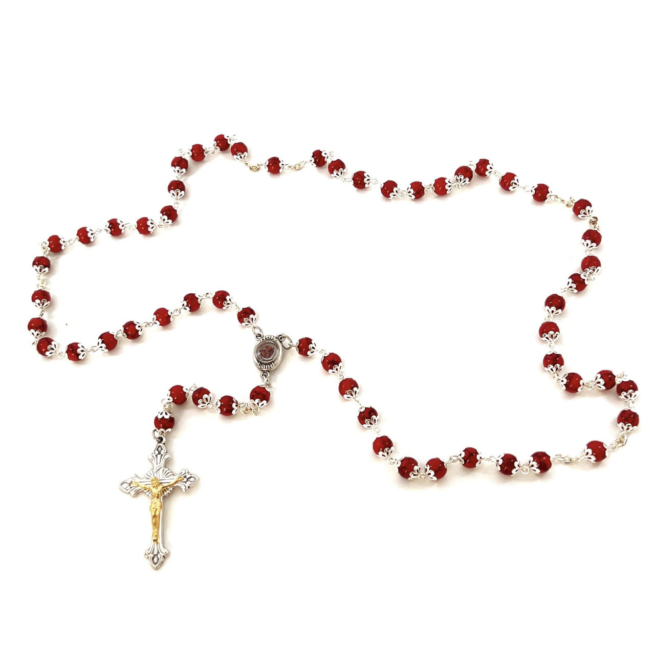 Rosary with Red Stone Beads, Metal Chain and 2" Crucifix, Made with Holy Land Coral Stone Beads