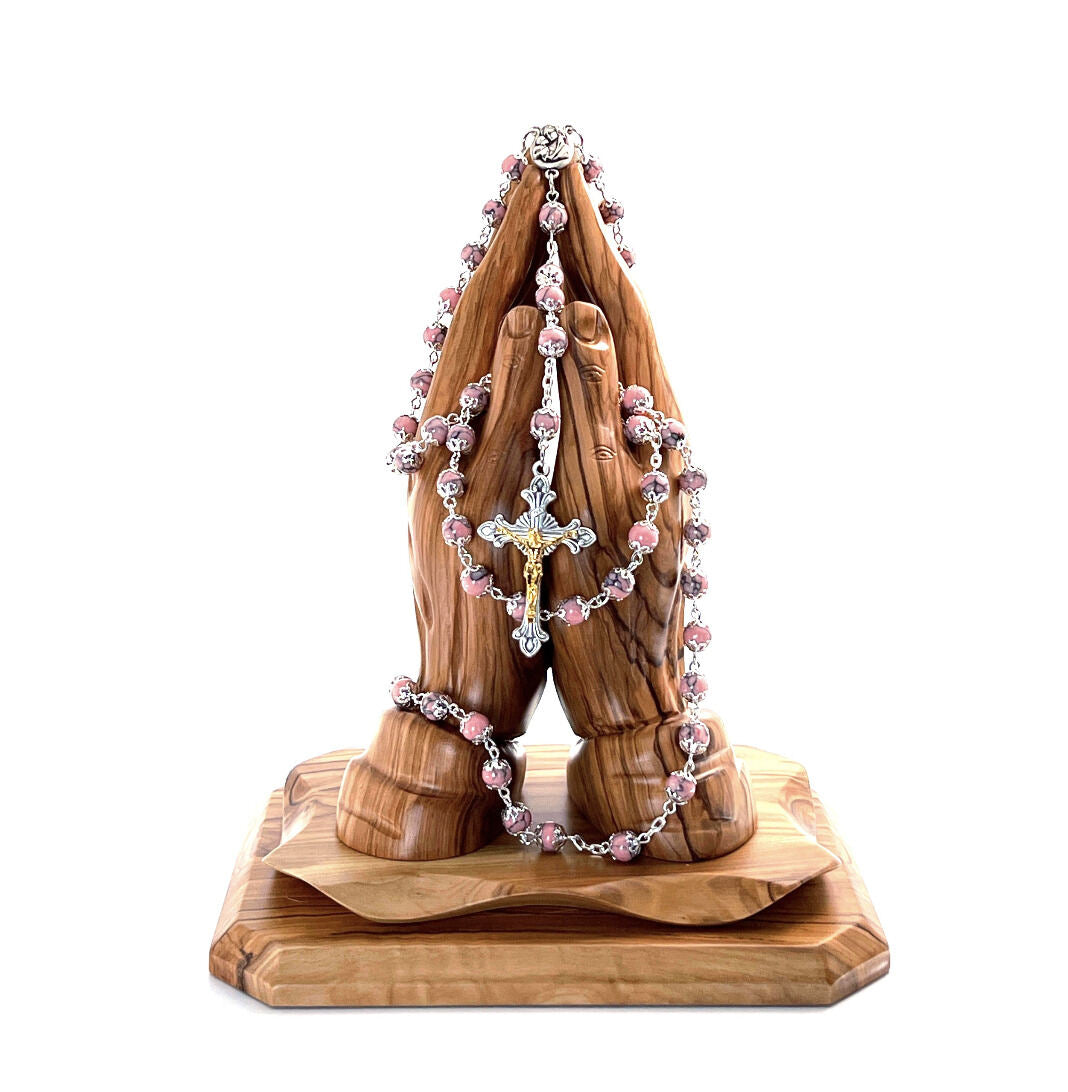 Rosary, Pink Beads, 22.4", Metal Chain, Bethlehem Handmade