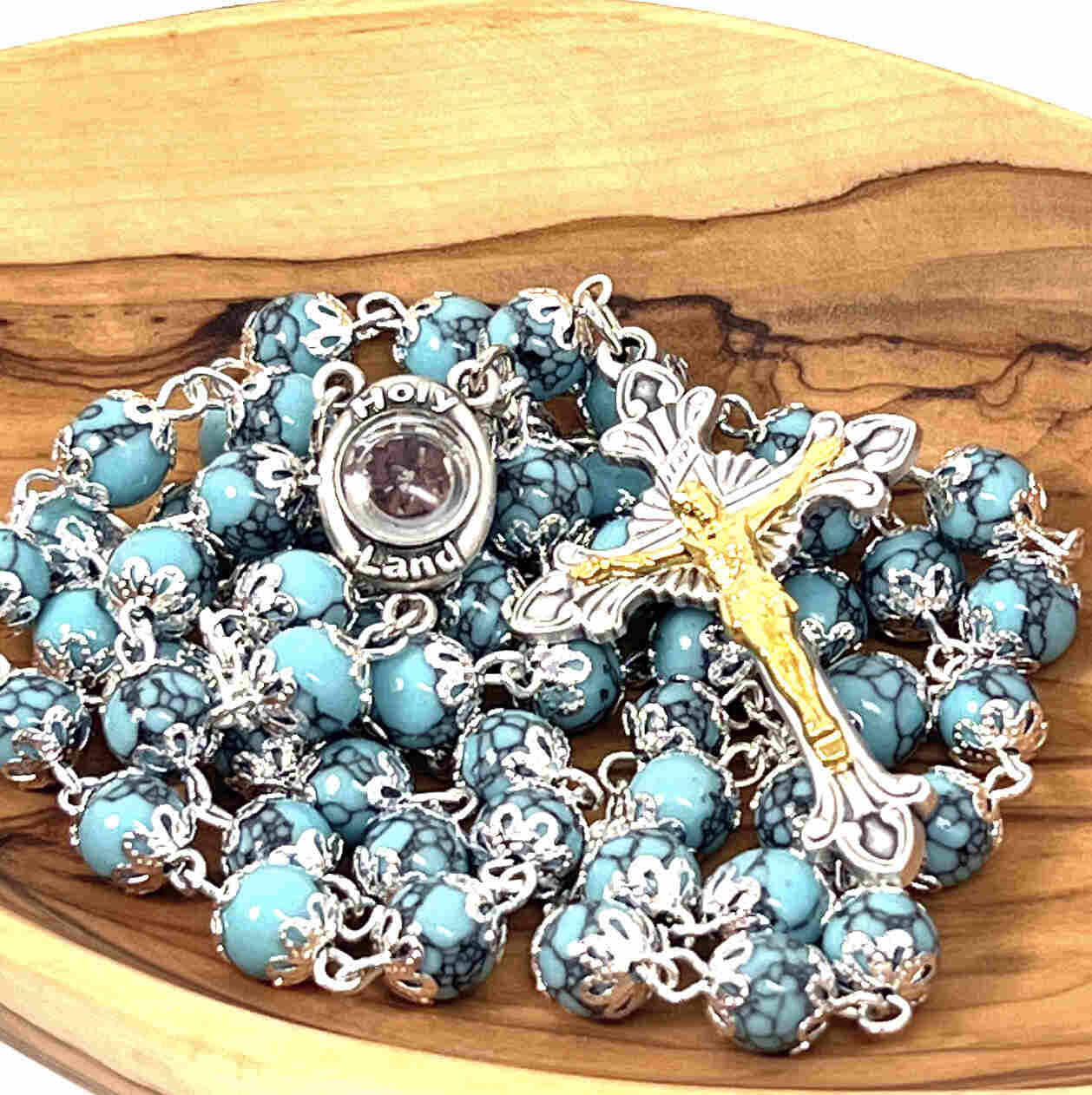 Rosary with Turquoise Stone Beads, Holy Land Soil Inside Glass