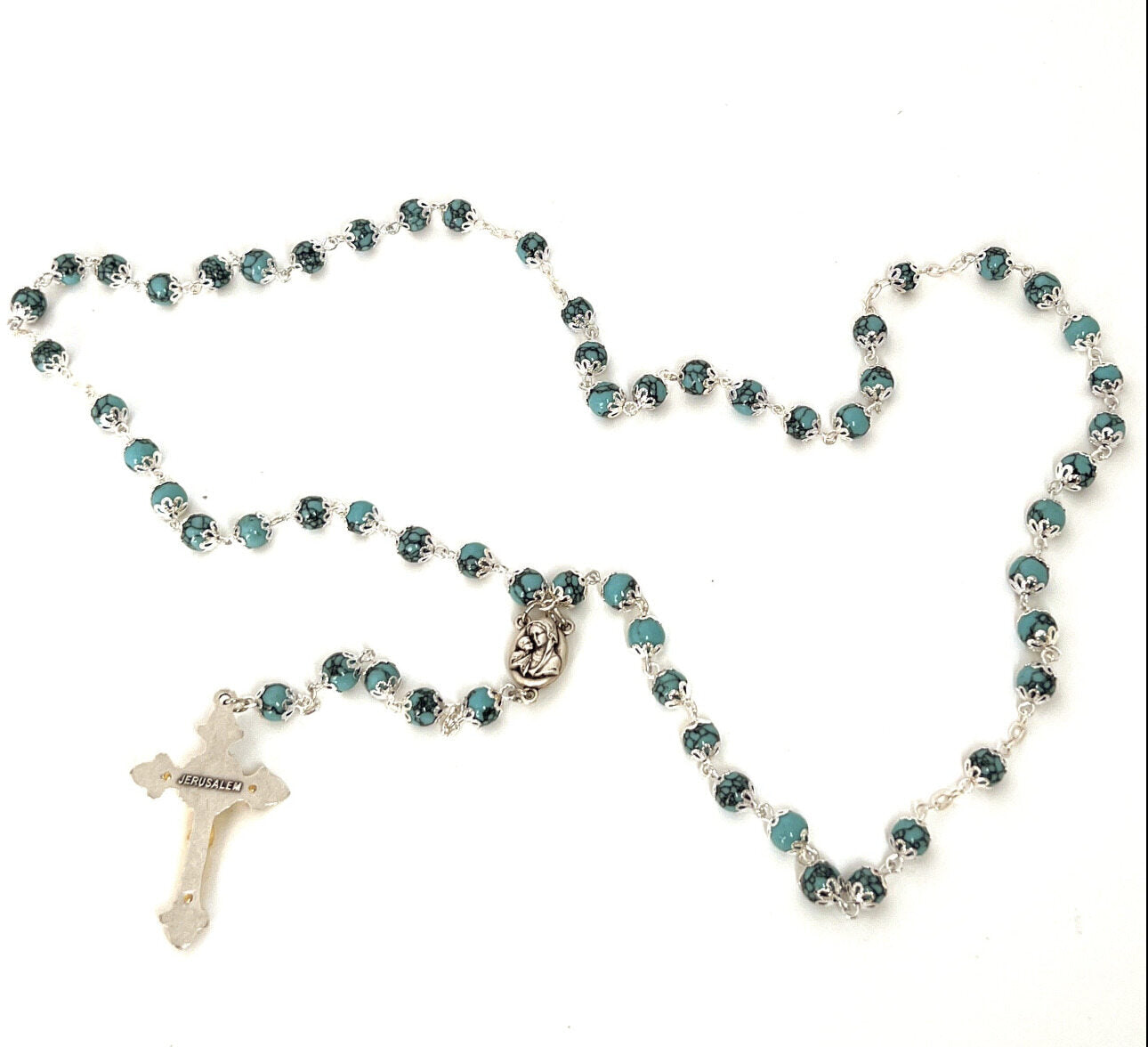 Rosary with Turquoise Stones, Metal Chain and 2" Crucifix, Heavy Blue Coral Stone from Holy Land