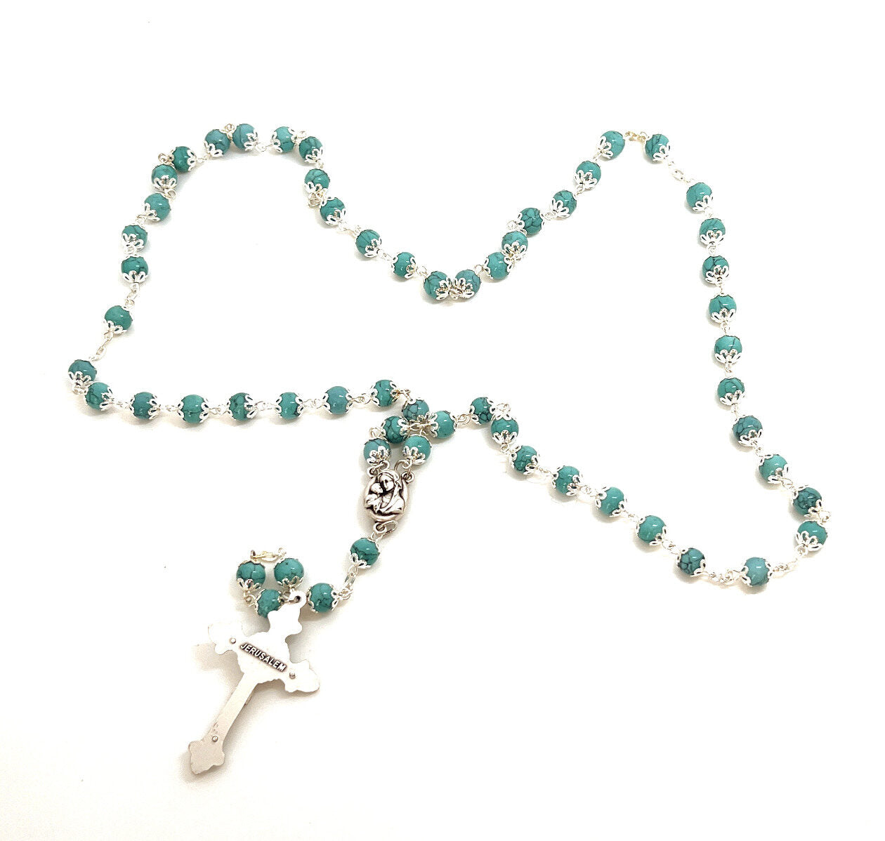 Rosary, Turquoise Stone Beads, 22.4", Metal Chain, Baby Blue, Bethlehem Handmade