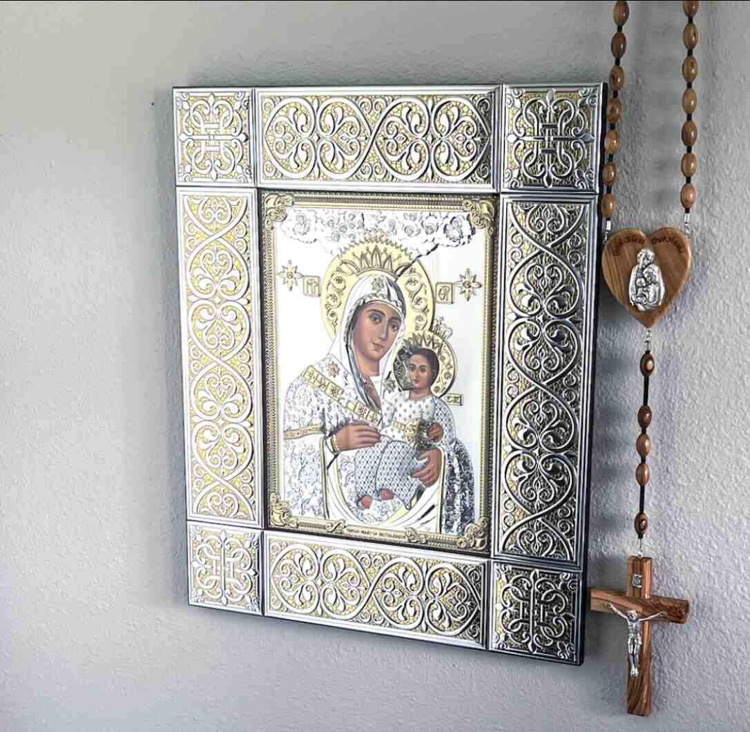 Virgin Mary Holding Baby Jesus Christ Silver Icon, Bethlehem Smiling Frame is Silver Plated, Gold Color