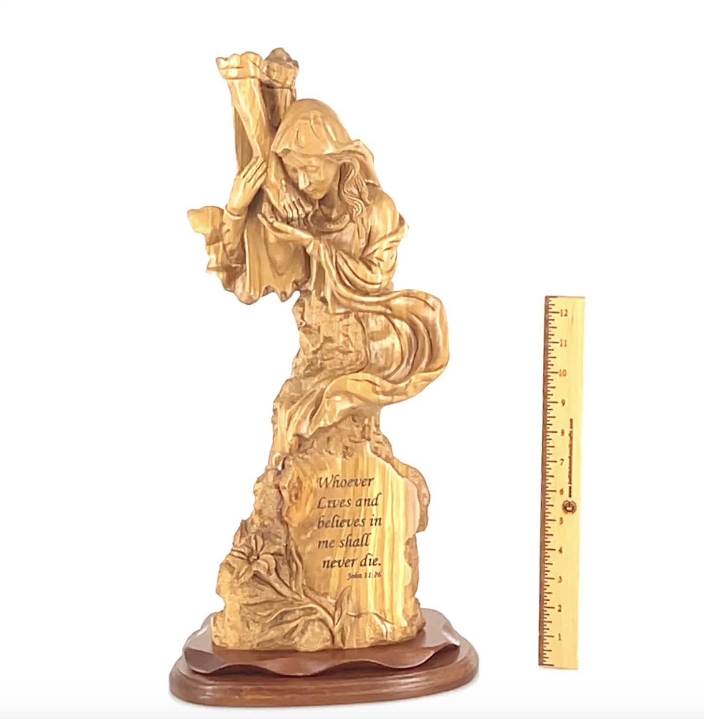 Virgin Mary Kneeling by the Cross, 21" Olive Wood Statue, "Scripture of John 11:26"