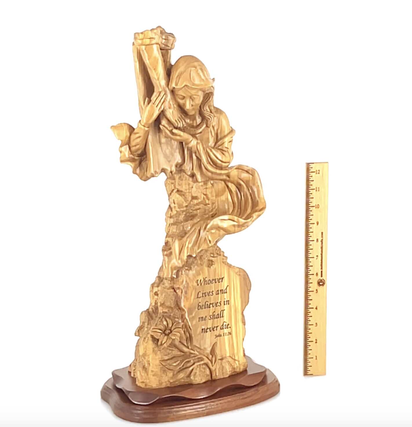 Virgin Mary Kneeling by the Cross, 21" Olive Wood Statue, "Scripture of John 11:26"