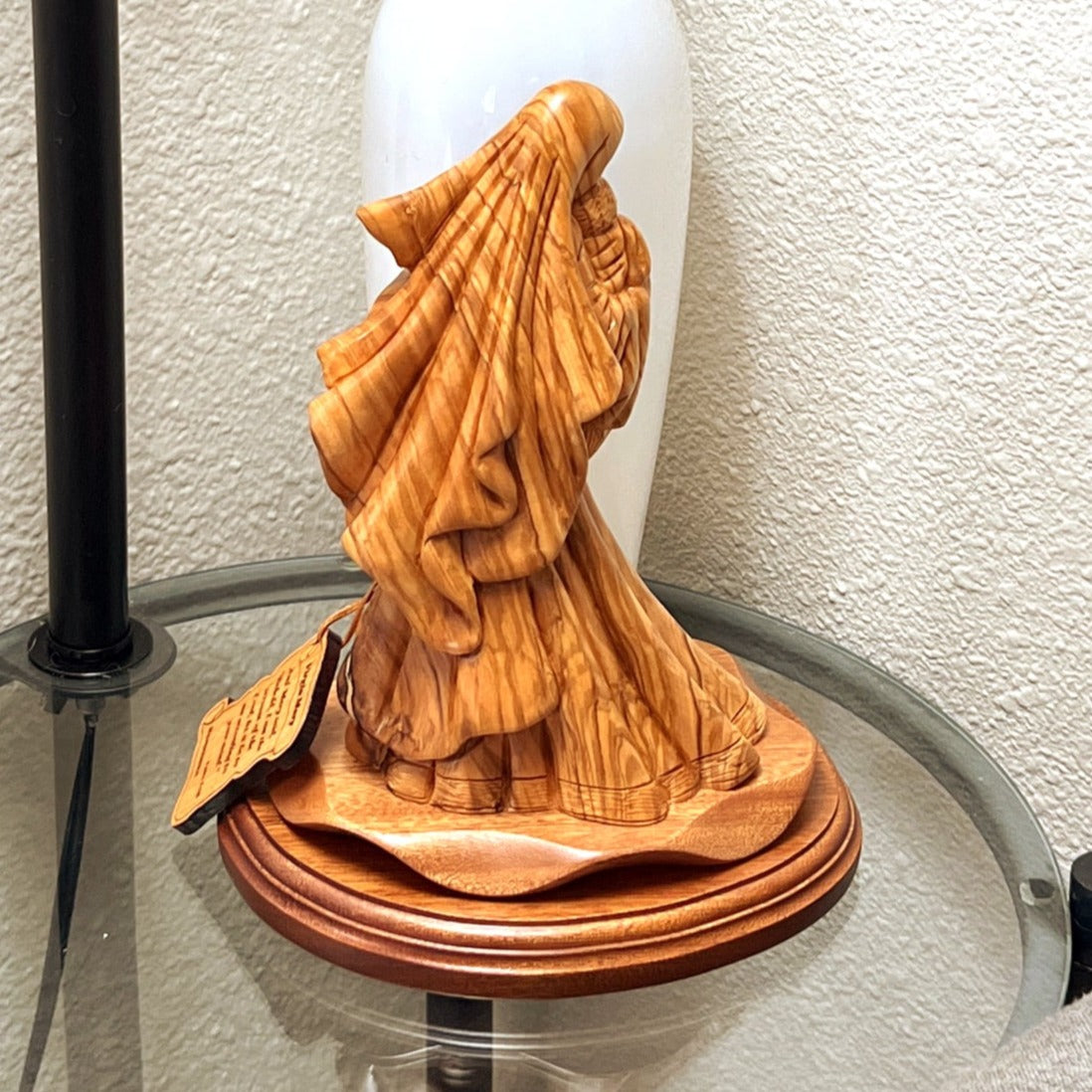 Virgin Mary Carved in Olive Wood with Unique Gown, Holding Baby Jesus Christ our Lord, Mahogany Base, Standing Christian Art