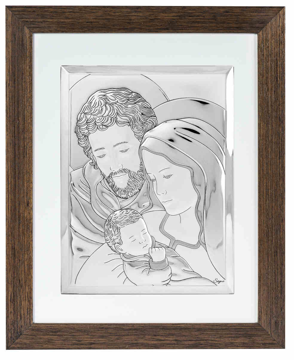 Holy Family with Baby Jesus Christ Silver Icon Wooden Frame