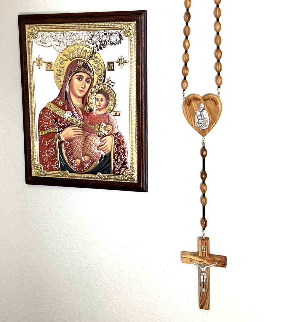 Virgin Mary Holding Child Jesus , Silver Plated Icon, Wall Hanging with Wooden Frame