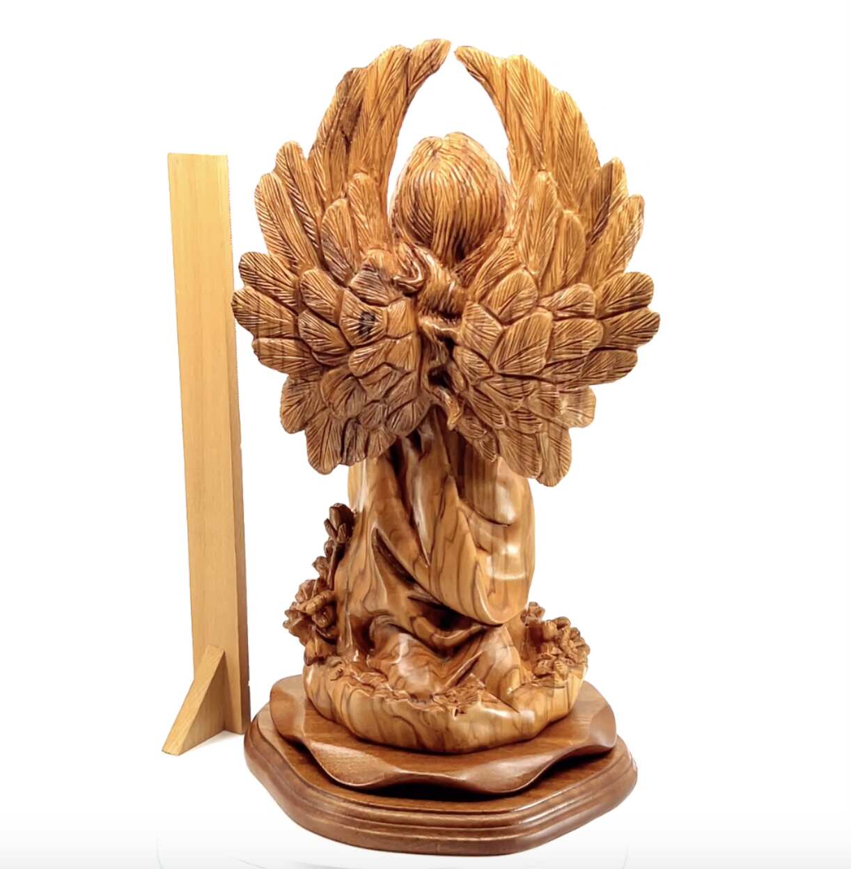 Angel with Wings Praying, 14.5" Carved Statue from Holy Land Olive Wood